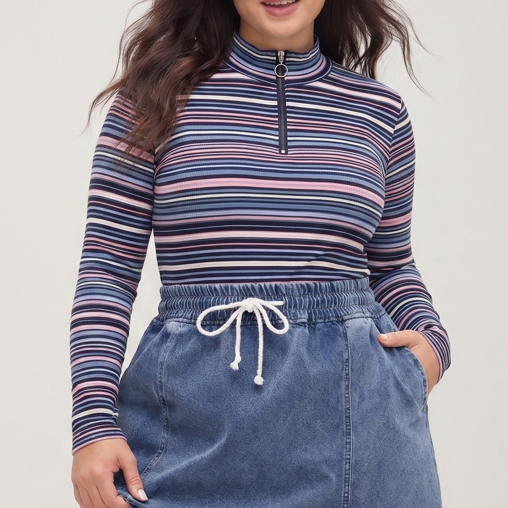 CJ Banks Casual Multicolored 2X Ribbed Mock Neck Stretch Striped Long Sleeve